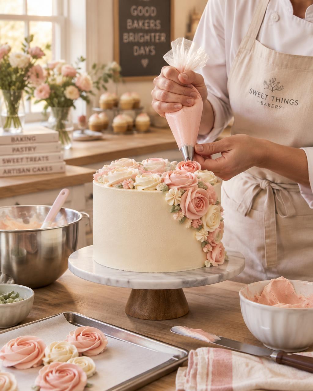 Aula de confeitaria: confeitando um bolo com flores de buttercream